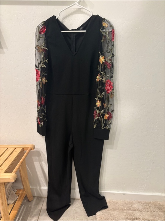 Emery Rose Pants - Emery Rose Black Jumpsuit with Sheer Embroidered Floral Sleeves